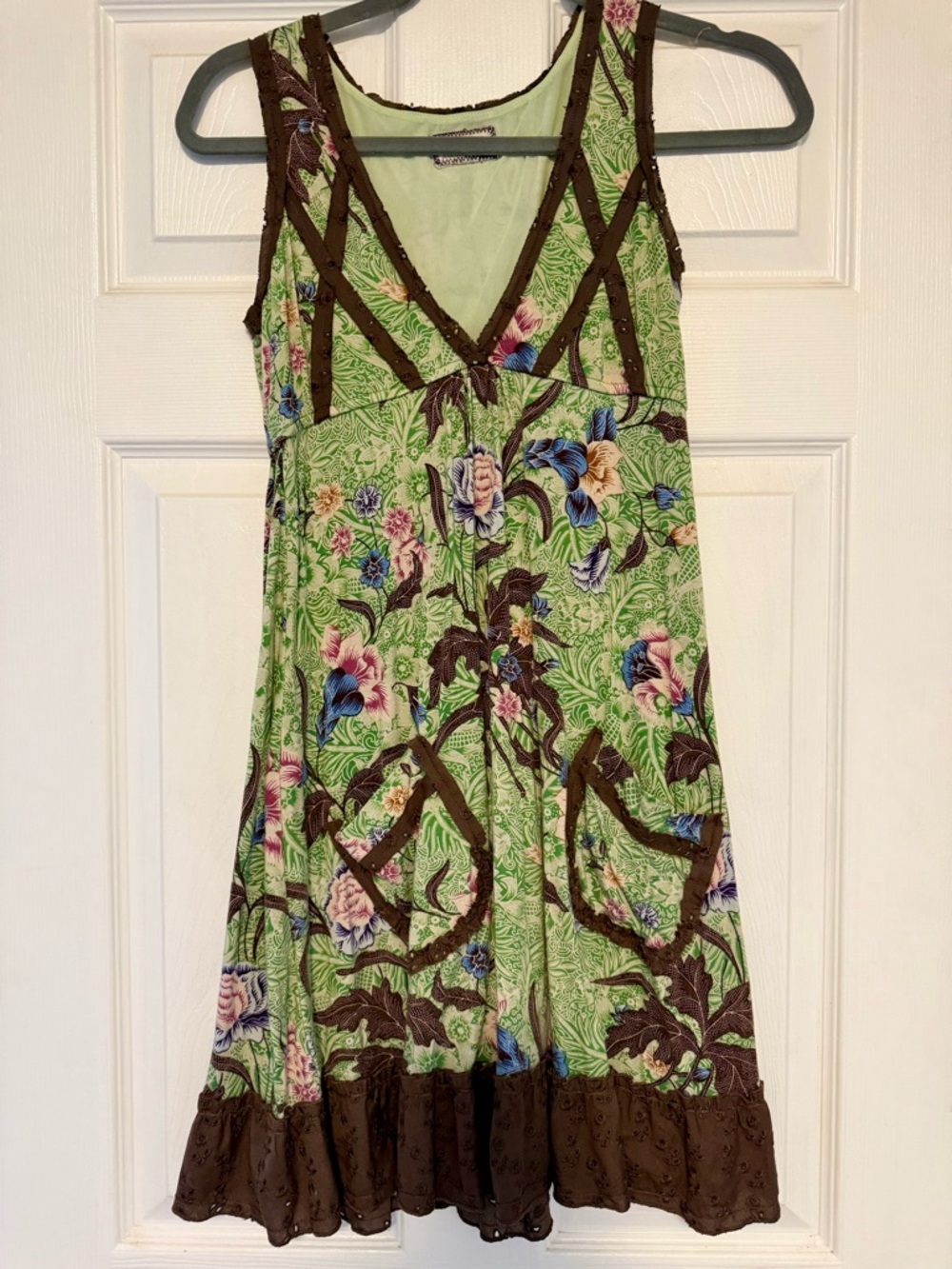 Free People Green Floral V-Neck Sleeveless Dress - Brown Trim